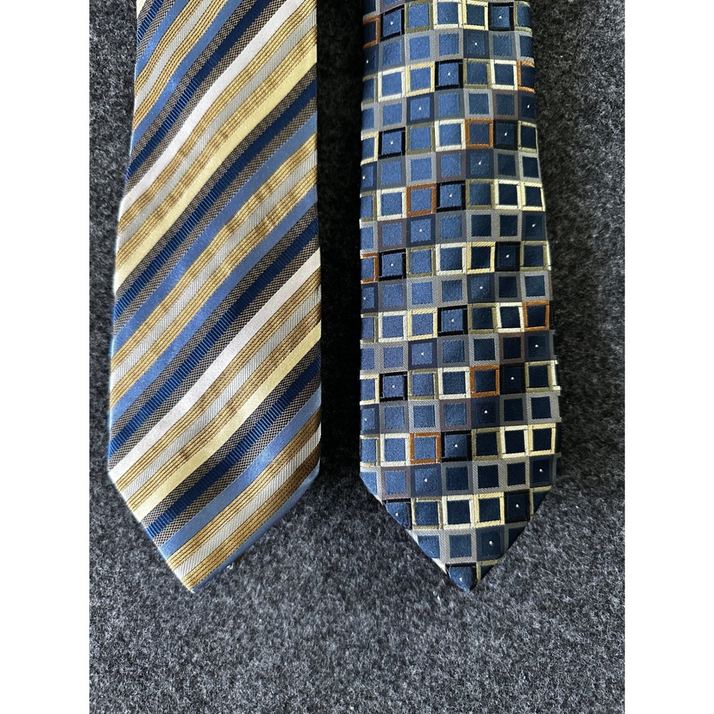 Peacock Lot of 2 Mens Silk Neckties Blue Gold Striped and Geometric Square Print